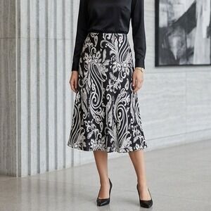 New York & Co. Skirt Women's Sz L 100% Silk A-Line Black & White Swirl Citycore